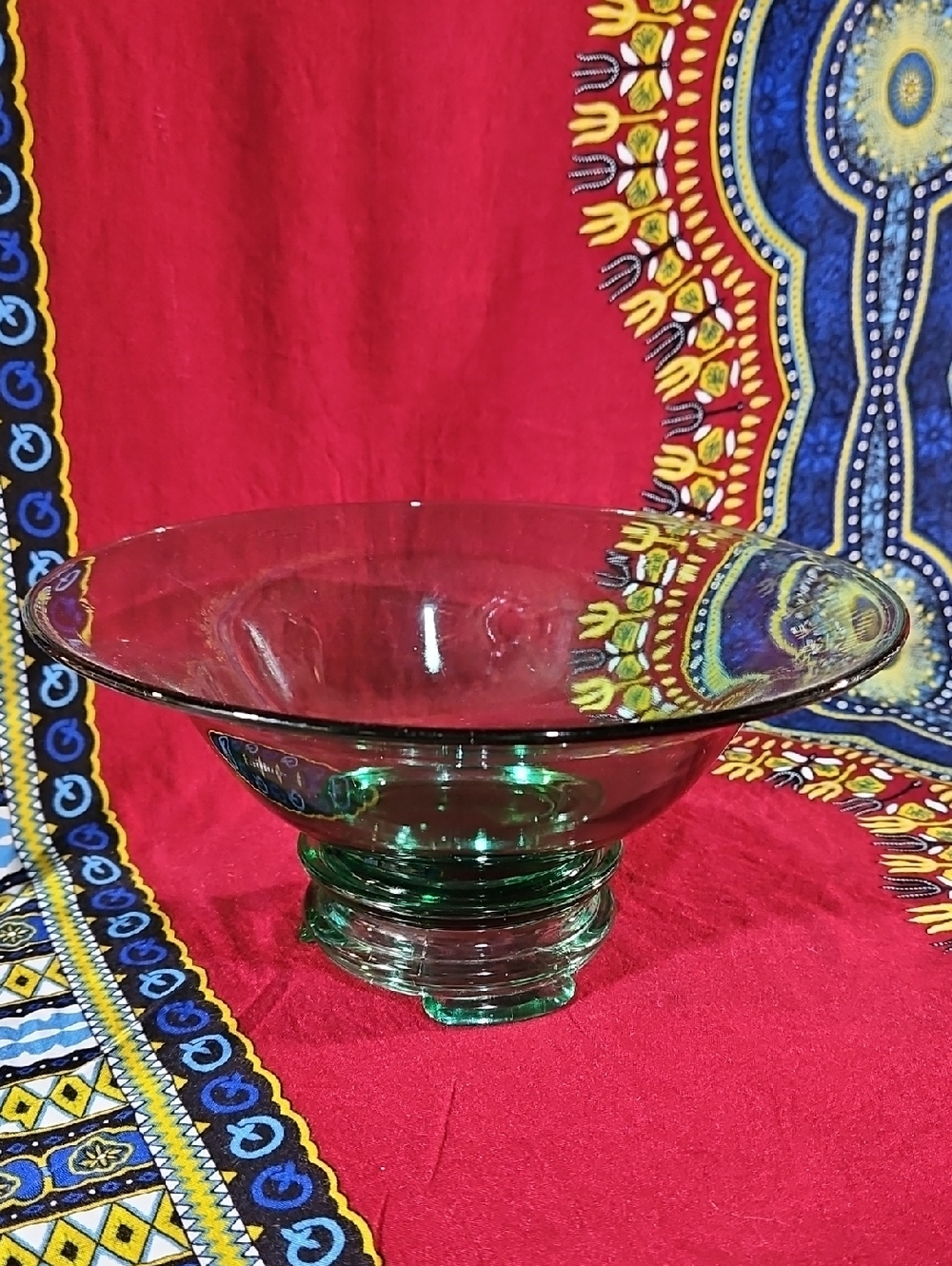Vintage Green Glass Console Bowl Set with Separate Footed Pedestal Base